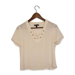 Express Lace Front Off-White Chiffon Top - Petite S